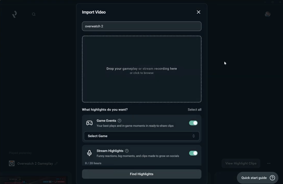 Popup with settings for importing video clips in Replay